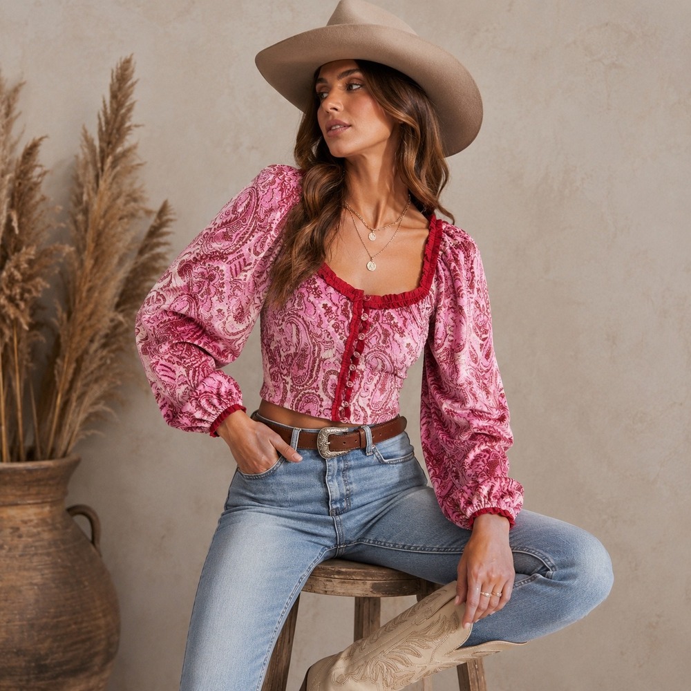 Free People Dare Me Velvet Blouse Pink Paisley Smocked Crop Top‎ NWT Medium